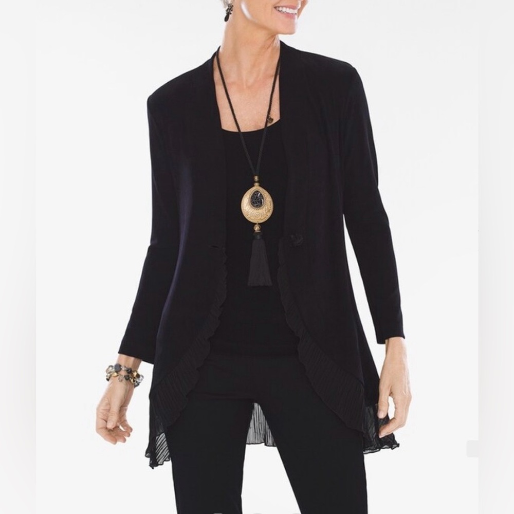 Chicos Black Travelers Classic Ruffle-Trim Jacket Size 3 Single Button Cardigan